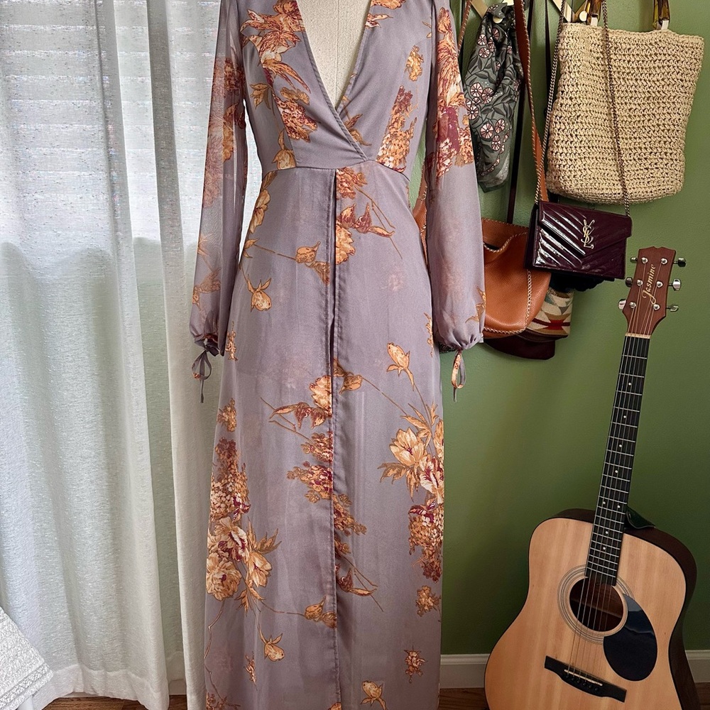 Lulu's Lavender Floral Wrap Maxi Dress with Gold Blooms